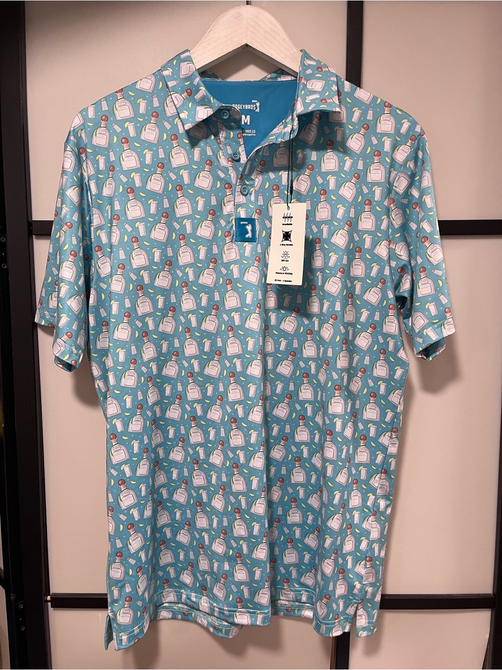 Bogey Bros Blue Tequila Shot Bottle Golf Polo Shirt Mesh Short Sleeve Size M